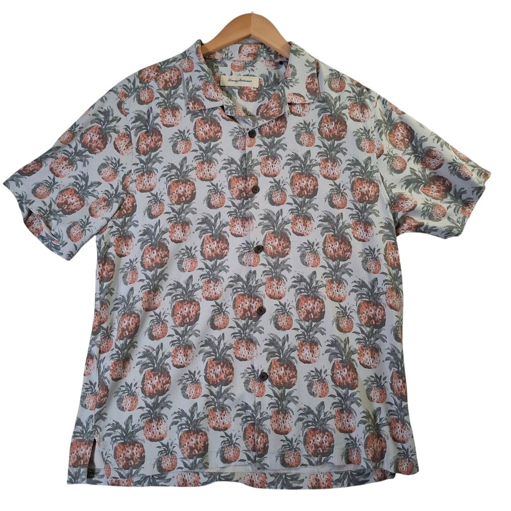 Tommy Bahama‎ Silk Hawaiian Shirt Men's Large Pineapple Print Button Up Casual